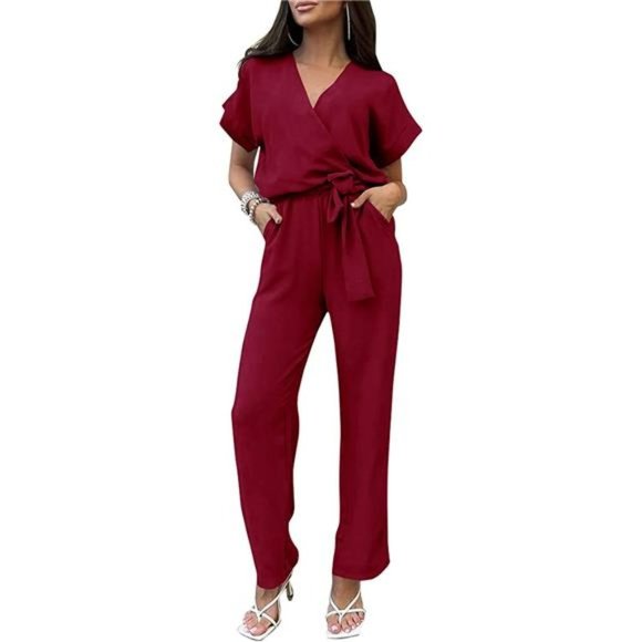 WOMEN'S Jumpsuit Short Sleeve Wine Red - Picture 1 of 8
